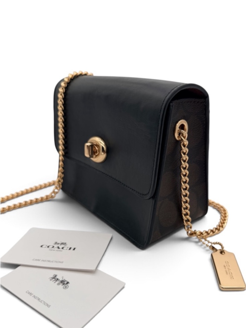 Coach Bowery Black/Brown Leather Crossbody Bag Gold Chain Turnlock